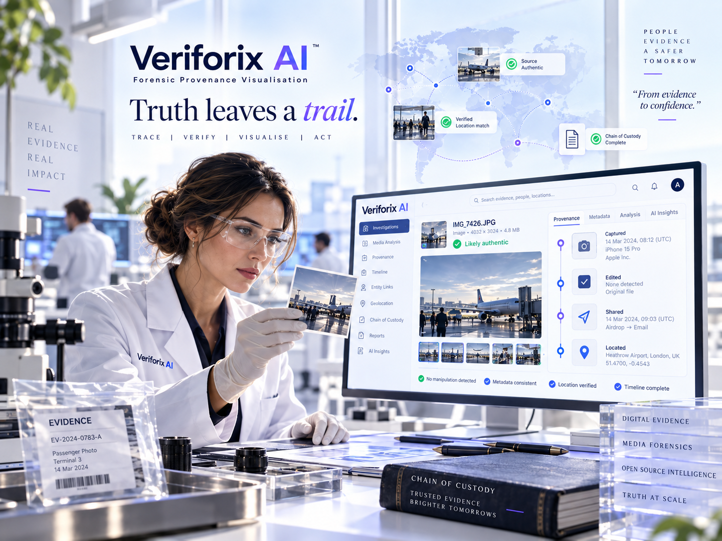 Veriforix AI platform card — forensic analyst in lab coat and goggles holding an airport photograph before a monitor showing provenance analysis, beneath the Veriforix AI name and the headline Truth leaves a trail