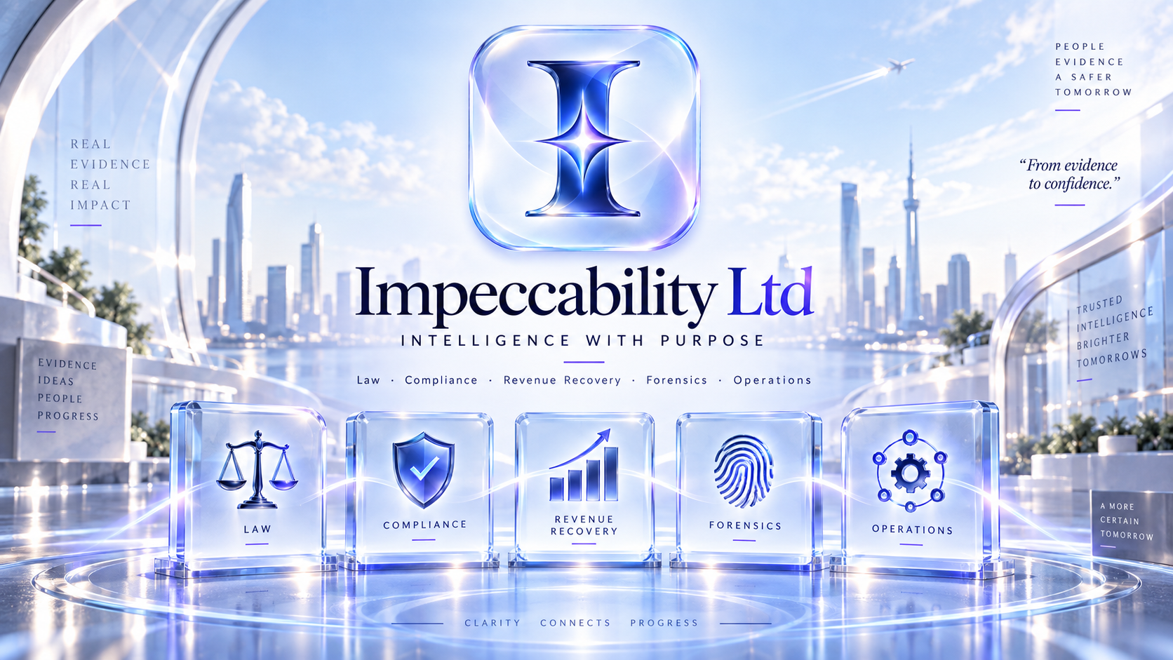 Impeccability Ltd — Intelligence with Purpose, connecting five platform pillars: Law, Compliance, Revenue Recovery, Forensics and Operations